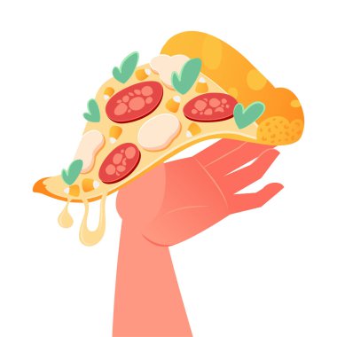 El ele tutuşmak, pizza üçgeni almak. İtalyan fast food, abur cubur. Salamlı sosis ve mozzarella peyniri, yeşiller, ıspanak, fesleğen ya da roka fast food. Düz grafik vektör illüstrasyonu 