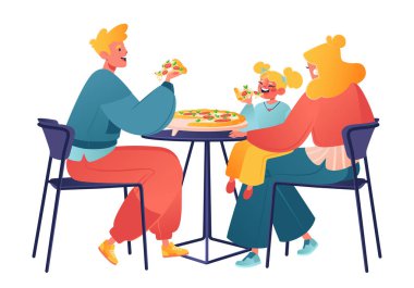Aile pizzacıda, kafede, restoranda ya da alışveriş merkezinde. Genç baba, küçük kızla anne geleneksel İtalyan yemeğinin tadını çıkarıyor. Aile ortamı, fast food, aile çevresi.