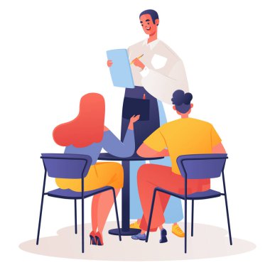 Sipariş vermeye hazır mısınız? Kafe ve restoranın temsili çizimi. Masada oturan bir çift menüden bir şeyler seçtikten sonra garsona dileklerini dile getiriyor. Garson gülümsüyor ve emri yazıyor.