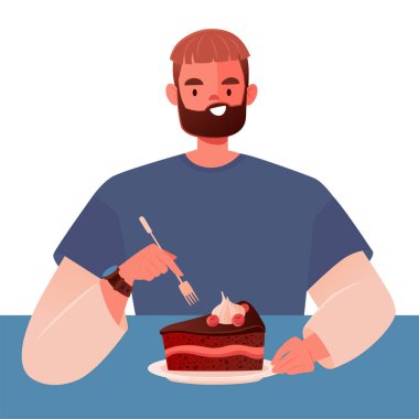 Mutlu bir genç adam beklenti içinde çikolatalı kekin üzerine çatal koydu. Bir insan lezzetli, yağlı ve yüksek kalorili abur cuburlardan zevk alır. Beyaz arkaplanda izole edilmiş vektör düz illüstrasyon