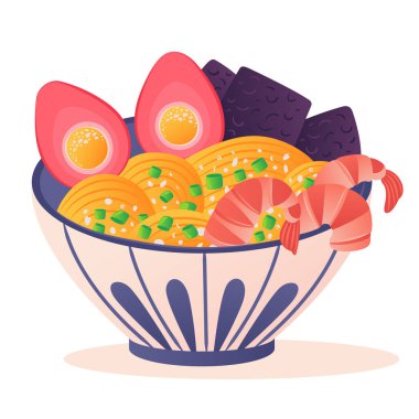 Hand drawn ramen noodles in painted ceramic bowl with pink pickled chicken egg. Japanese noodle soup with shrimp, nori, green onion and sesame. Traditional Asian food. Colored vector flat illustration clipart