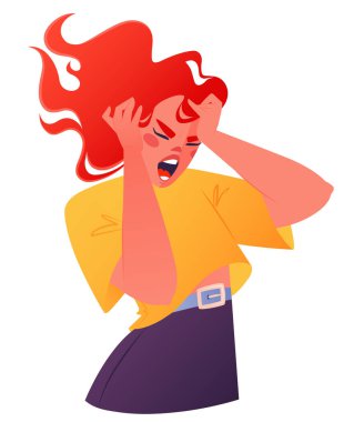 Öfke konsepti, öfke ifadesi, olumsuz duyguların dışavurumu. Çok kızgın genç bir kadın, kaba ve agresif, çığlık çığlığa kafasını tutuyor. Saldırganlık ve nefret teması. Beyazda izole edilmiş 