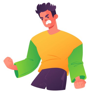 Çok kızgın biri, kızgın genç bir adam yumruklarını sıkan bozuk bir suratla dişlerini sıkarak bağırıyor. Duygusal çöküntü, iş yerinde tükenme, kontrolsüz öfke, stres etkileri..