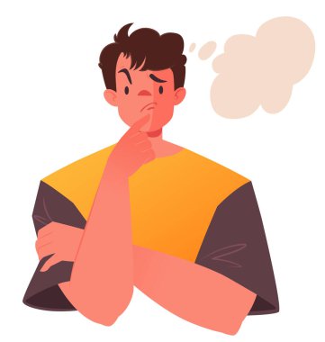 Düşünceli genç adam. Vücut dili kavramı, beyin fırtınası, konu seçimi, hangi konumda ya da hangi tarafta yer alacağımız. Beyaz arkaplan vektör çiziminde izole