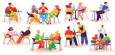 Set, yemek bölümündeki insanlarla büyük bir kompozisyon. Farklı karakterler, öğle yemeği, akşam yemeği, kahve içmek, tatlı yemek, pizza, hamburger, shawarma ve suşi. Çeşitli mutfaklar 