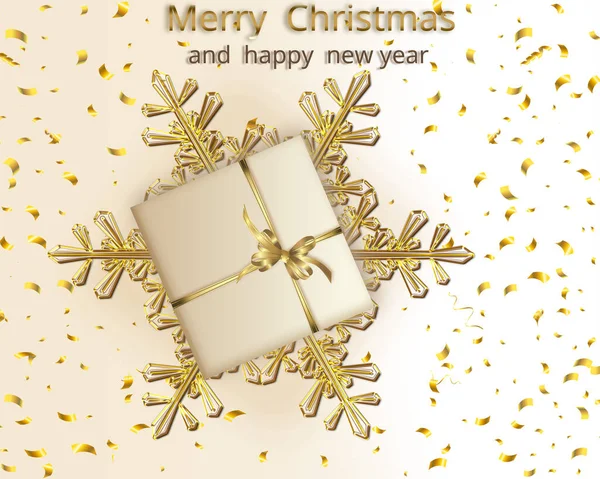 Nowy Rok Kartka Świąteczna Płatkiem Śniegu Pudełko Prezentów Złote Konfetti — Zdjęcie stockowe