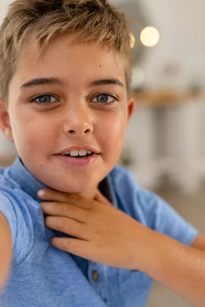 Closeup Portrait Caucasian Cute Boy Gray Eyes Smiling Touching Neck — Stock Photo, Image