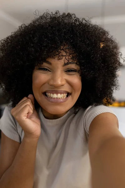Portrait Happy Excited Biracial Woman Afro Home Making Video Call — Stock Photo, Image