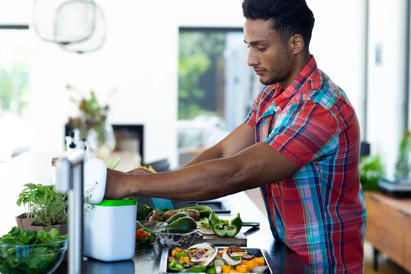 Happy Biracial Man Preparing Dinner Chopping Vegetables Composting Waste Kitchen — Stock Photo, Image