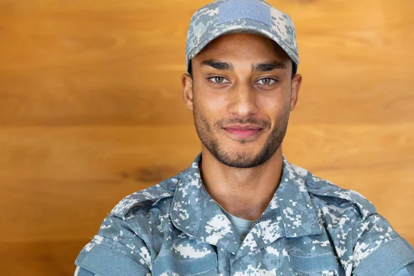 Portrait Happy Biracial Male Soldier Wearing Military Uniform Cap Looking — Stock Photo, Image