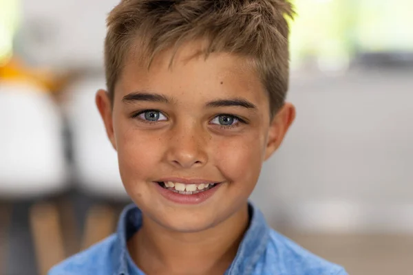 Closeup Portrait Caucasian Cute Boy Gray Eyes Blond Hair Smiling — Stock Photo, Image