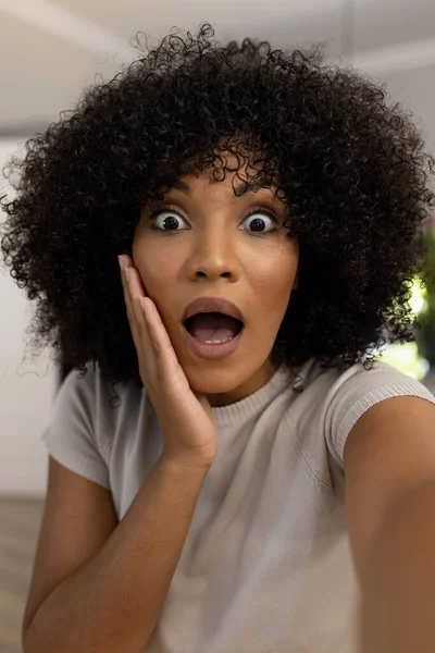 Portrait Surprised Biracial Woman Afro Home Making Video Call Touching — Stock Photo, Image