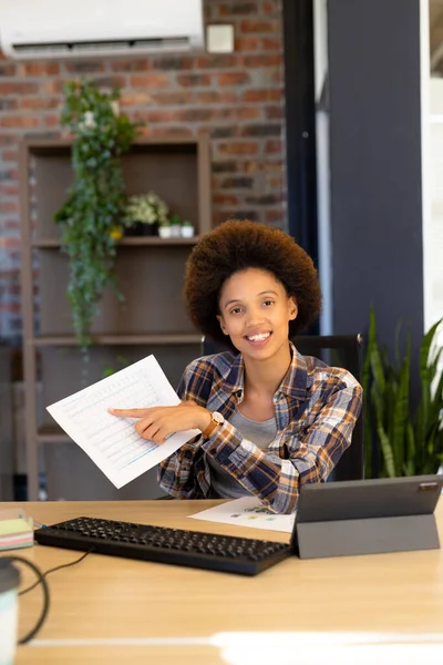 Portrait Happy Biracial Casual Businesswoman Making Video Call Showing Document — Stock Photo, Image