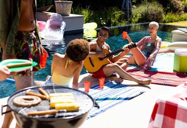Happy Diverse Group Friends Having Pool Party Playing Guitar Garden — Stock Photo, Image