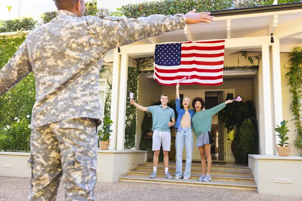 Happy Diverse Group Friends Usa Flags Greeting Biracial Male American — Stock Photo, Image