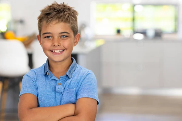 Portrait Caucasian Cute Boy Arms Crossed Smiling While Standing Home — Stock Photo, Image
