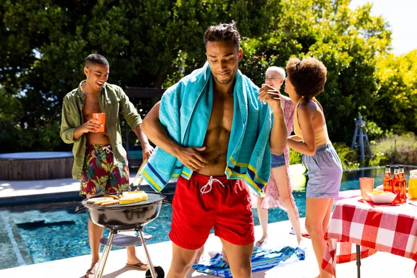Happy Diverse Group Friends Having Pool Party Barbecuing Dancing Garden — Stock Photo, Image