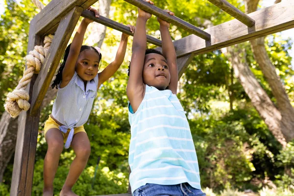 遊び場でサルバーにかかってアフリカ系アメリカ人の妹と弟の低角度ビュー 変更されていない 一緒に 子供時代 楽しみ 週末のコンセプト — ストック写真