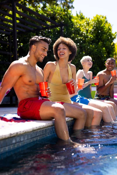 Happy Diverse Group Friends Having Pool Party Holding Plastic Cups — Stock Photo, Image