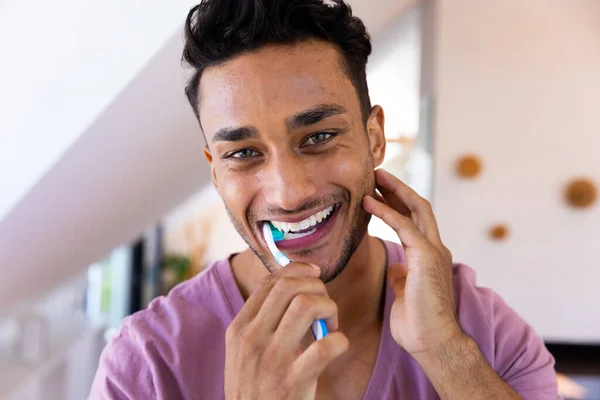Portrait Smiling Biracial Man Brushing Teeth Bathroom Lifestyle Self Care — Stock Photo, Image