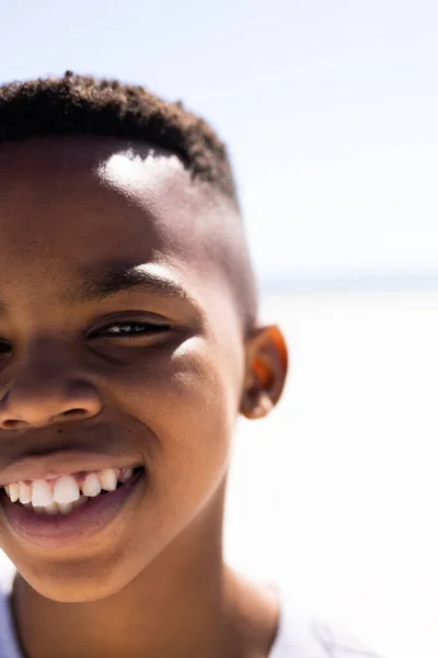 Closeup Portrait Cute African American Boy Smiling Beach Clear Sky — Stock Photo, Image