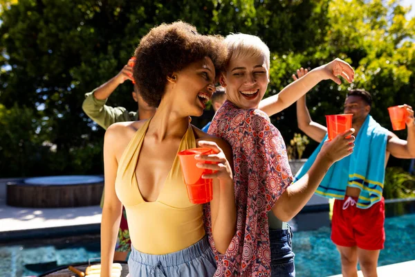 Happy Diverse Group Friends Having Pool Party Dancing Garden Lifestyle — Stock Photo, Image