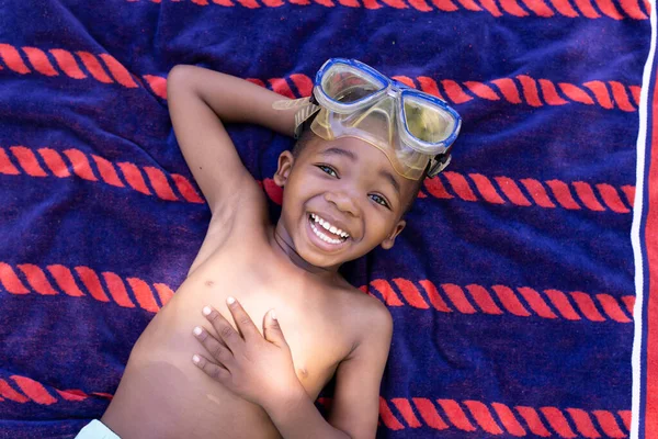 High Angle View African American Smiling Shirtless Boy Wearing Swimming — Stock Photo, Image