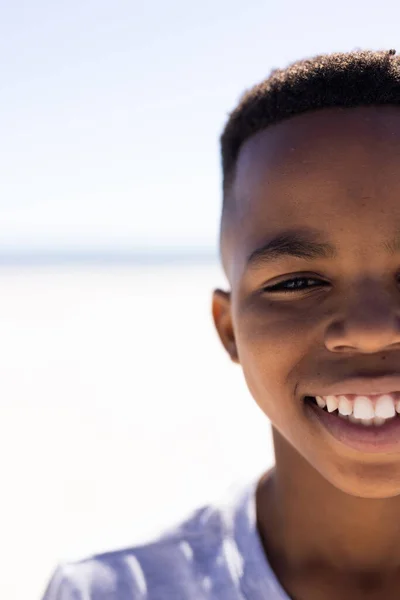 Closeup Portrait Cute African American Boy Smiling Sea Clear Sky — Stock Photo, Image
