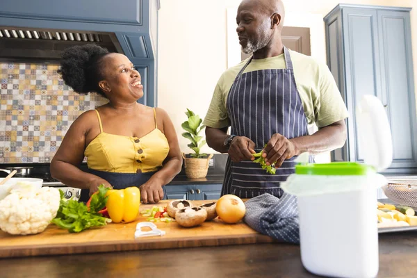 Happy Senior African American Couple Wearing Aprons Cooking Kitchen Senior — Stock Photo, Image