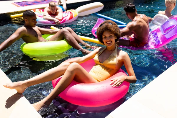 Happy Diverse Group Friends Having Pool Party Using Swim Rings — Stock Photo, Image