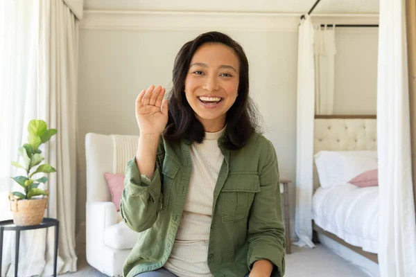 Happy Asian Woman Using Having Video Call Bedroom Lifestyle Communication — Stock Photo, Image