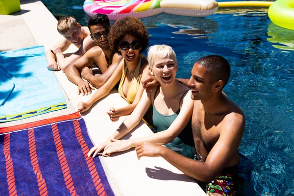 Happy Diverse Group Friends Having Pool Party Garden Lifestyle Friendship — Stock Photo, Image