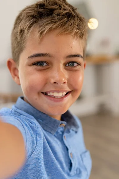 Closeup Portrait Caucasian Cute Boy Gray Eyes Smiling Looking Camera — Stock Photo, Image