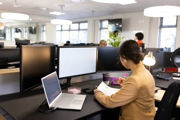 Asian Woman Sitting Desk Working Computer Copy Space Office Business — Stock Photo, Image