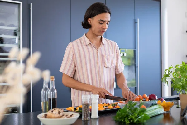 快乐的鸟人做饭 在厨房切蔬菜 独自待在家里的质量时间 家庭生活和生活方式概念 — 图库照片