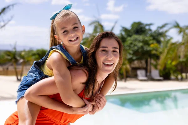 Portrait Happy Biracial Mother Daughter Embracing Swimming Pool Spending Quality — Stock Photo, Image