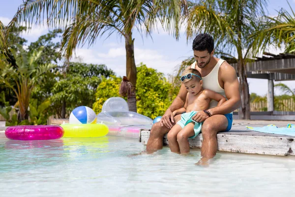 Happy Biracial Father Son Playing Together Swimming Pool Spending Quality — Stock Photo, Image