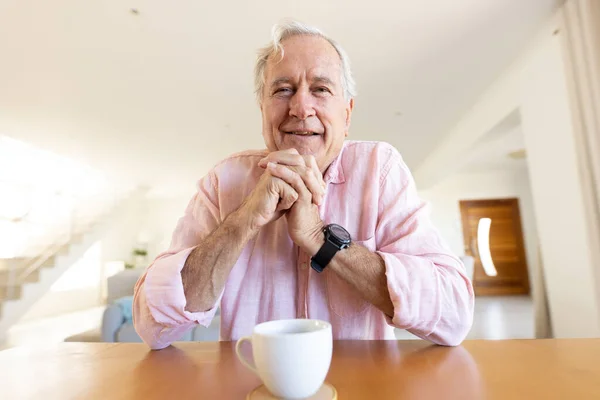Happy Senior Caucasian Man Having Video Call Spending Quality Time — Stock Photo, Image