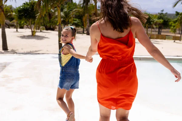 Happy Biracial Mother Daughter Walking Holding Hands Beach Spending Quality — Stock Photo, Image