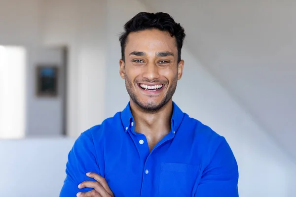 Portrait Happy Biracial Man Looking Camera Smiling Relaxation Lifestyle Domestic — Stock Photo, Image