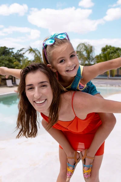 Portrait Happy Biracial Mother Daughter Playing Swimming Pool Spending Quality — Stock Photo, Image