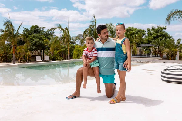 Happy Biracial Father Children Embracing Swimming Pool Spending Quality Time — Stock Photo, Image