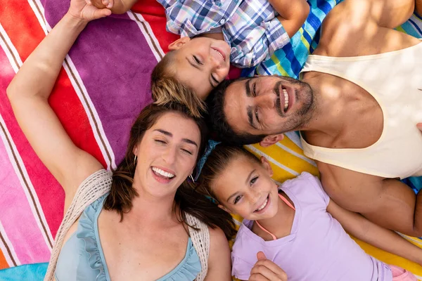 Portrait Happy Biracial Family Lying Towel Beach Spending Quality Time — Stock Photo, Image
