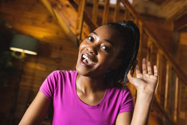 Portrait Happy African American Woman Spending Time Log Cabin Having — Stock Photo, Image