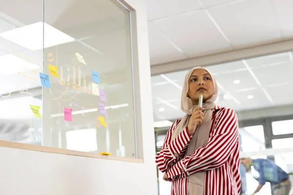 Продумана Жінка Середнього Сходу Хіджабі Офісному Мозковому Штурмі Листівкою Бізнес — стокове фото