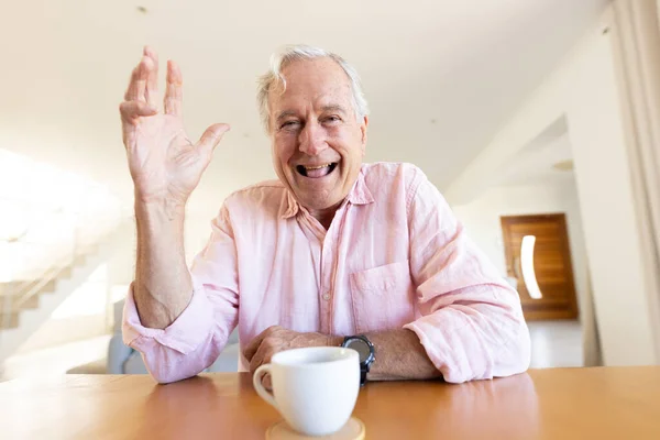 Happy Senior Caucasian Man Having Video Call Spending Quality Time — Stock Photo, Image
