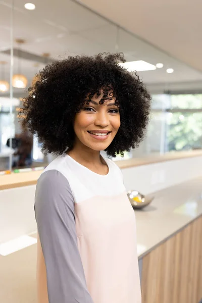 Vertical Image Happy Biracial Businesswoman Looking Camera Office Business Professionals — Stock Photo, Image