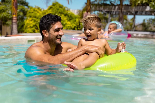 Happy Biracial Father Son Playing Together Swimming Pool Spending Quality — Stock Photo, Image