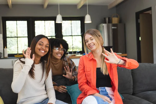 Portrait Happy Diverse Teenage Female Friends Sitting Couch Spending Quality — Stock Photo, Image