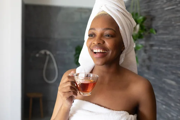 Happy African American Wearing Towel Holding Cup Tea Bathroom Spending — Stock Photo, Image